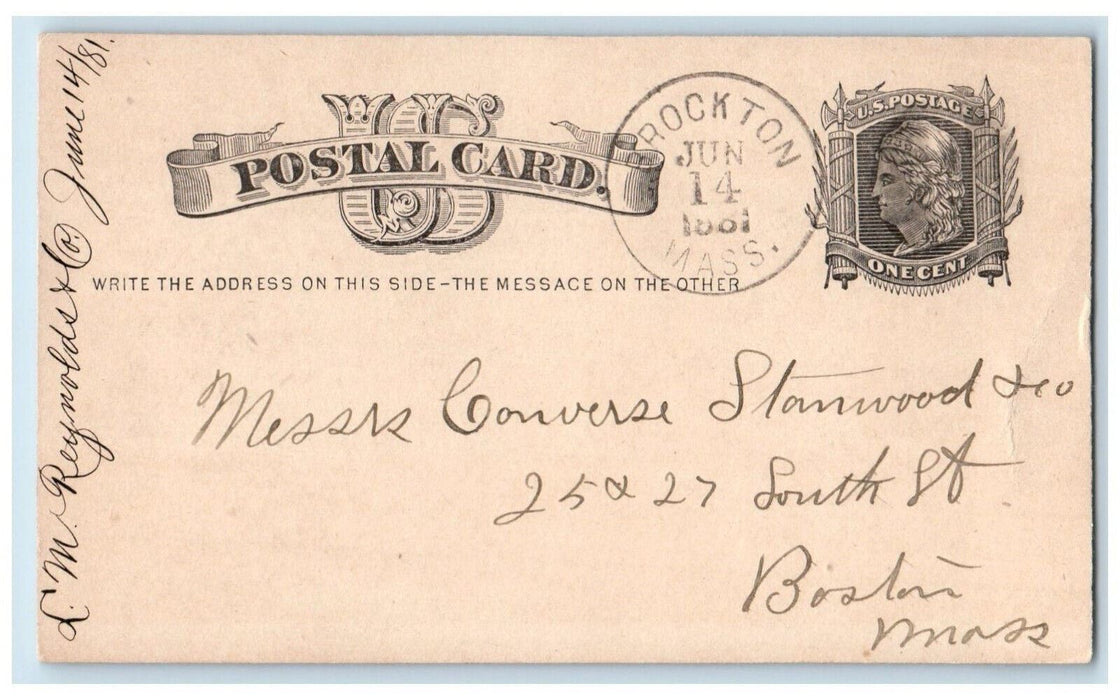 1881 LM Reynolds & Co. Rockton Massachusetts MA Boston MA Antique Postal Card