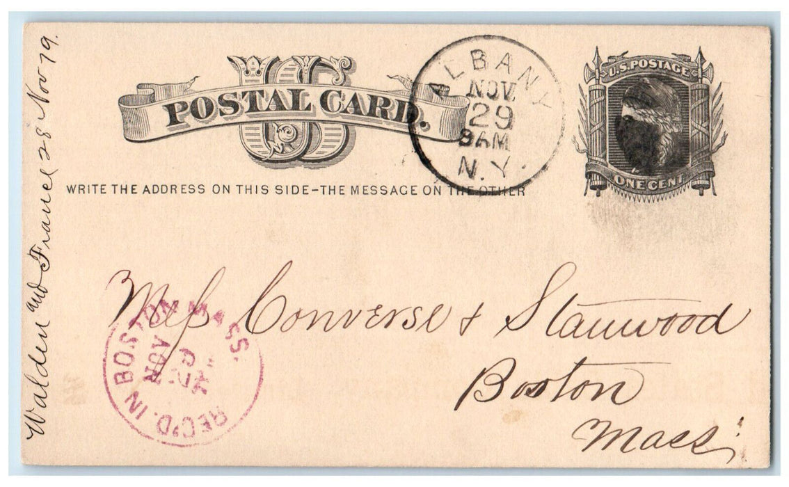 1879 Walden & France Greenbush New York NY Boston MA Albany MA Postal Card