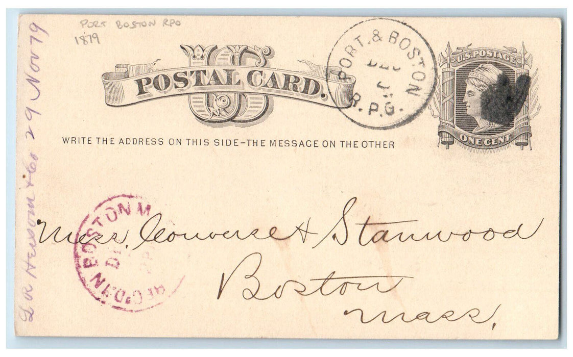 1879 SR Herson & Co. Port & Boston MA RPO Purple Cancel Antique Postal Card