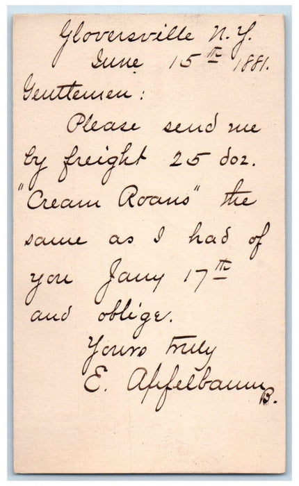 1881 E Afifelbaum Gloversville New York NY Boston Massachusetts MA Postal Card