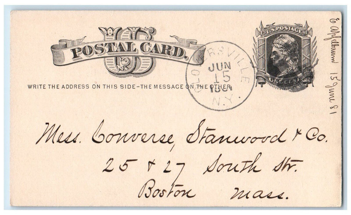 1881 E Afifelbaum Gloversville New York NY Boston Massachusetts MA Postal Card