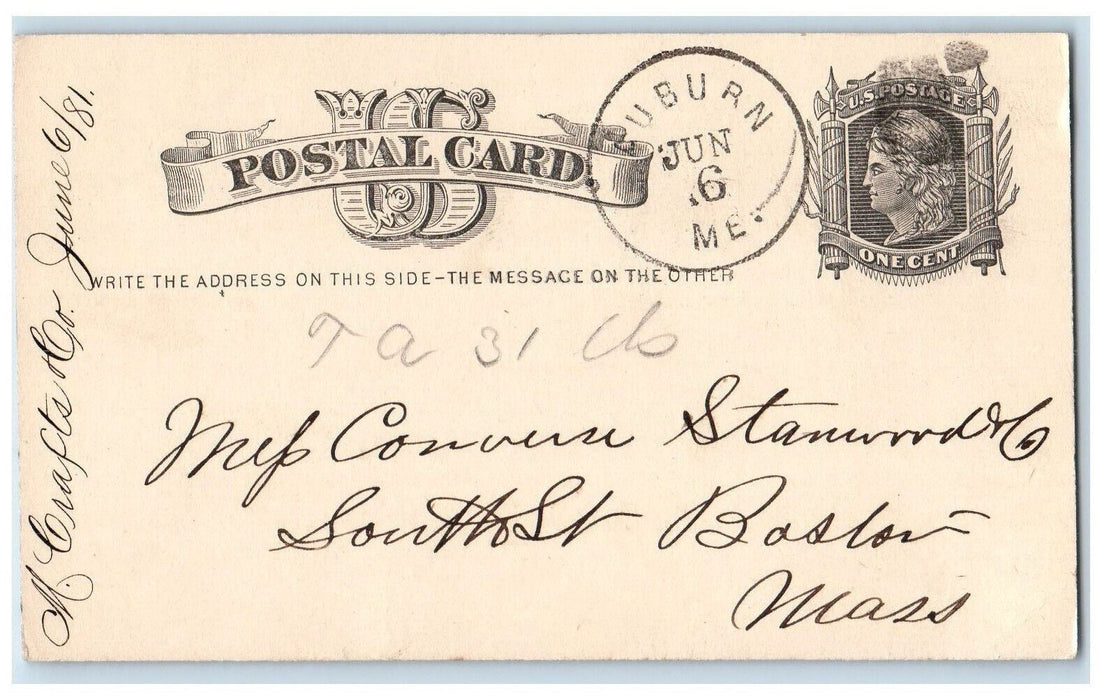 1881 M. Crafts & Co. Auburn Maine ME Boston Massachusetts MA Postal Card