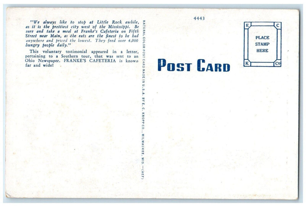1940 Branch Hot Springs Franke Cafeteria Little Rock Arkansas Multiview Postcard