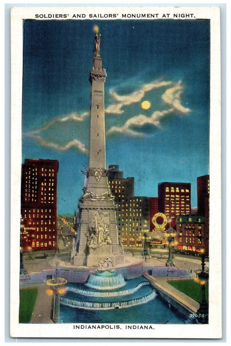 c1940 Soldiers Sailors Monument Fountain Night Indianapolis Indiana IN Postcard