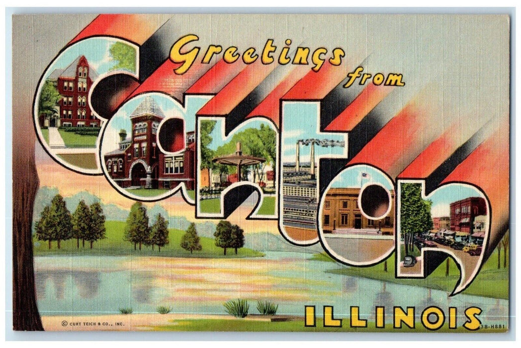 c1940 Greetings From Canton Multiview Large Letters Illinois IL Vintage Postcard