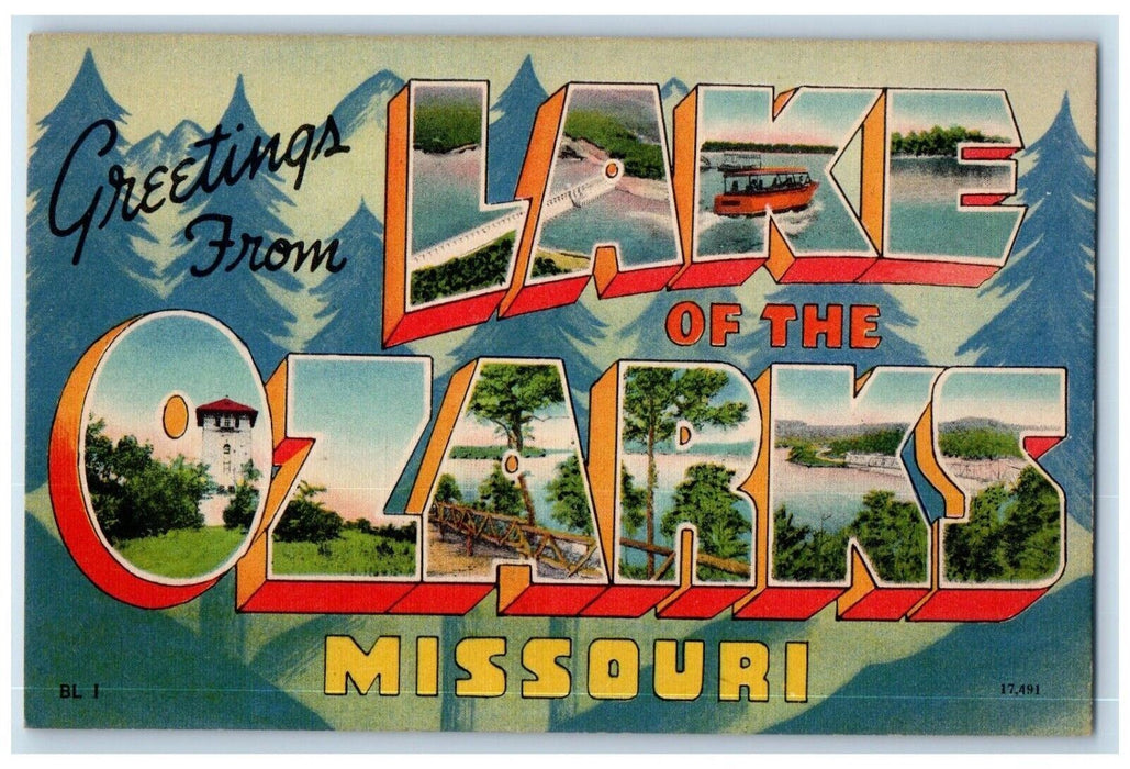 c1940 Greetings From Lake Ozarks Missouri MO Larger Letters Multiview Postcard