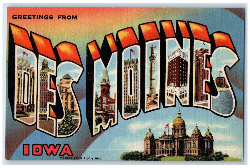 c1940 Greetings From Des Moines Iowa IO Large Letters Multiview Vintage Postcard