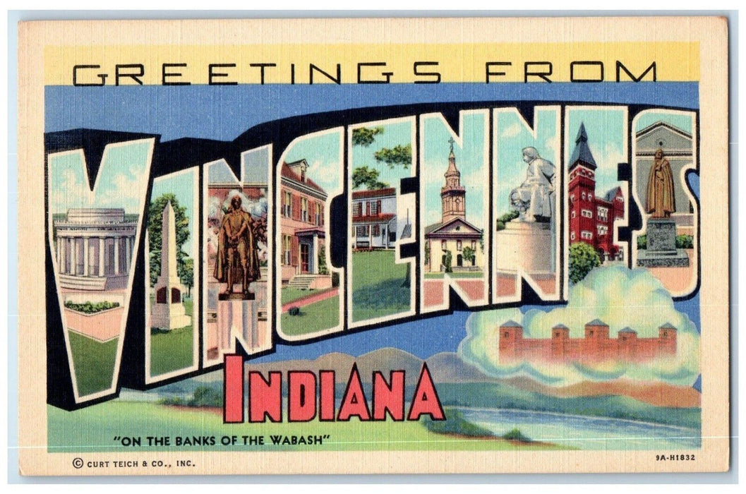 c1940 Greetings From Vincennes Indiana IND Banks Wabash Large Letters Postcard