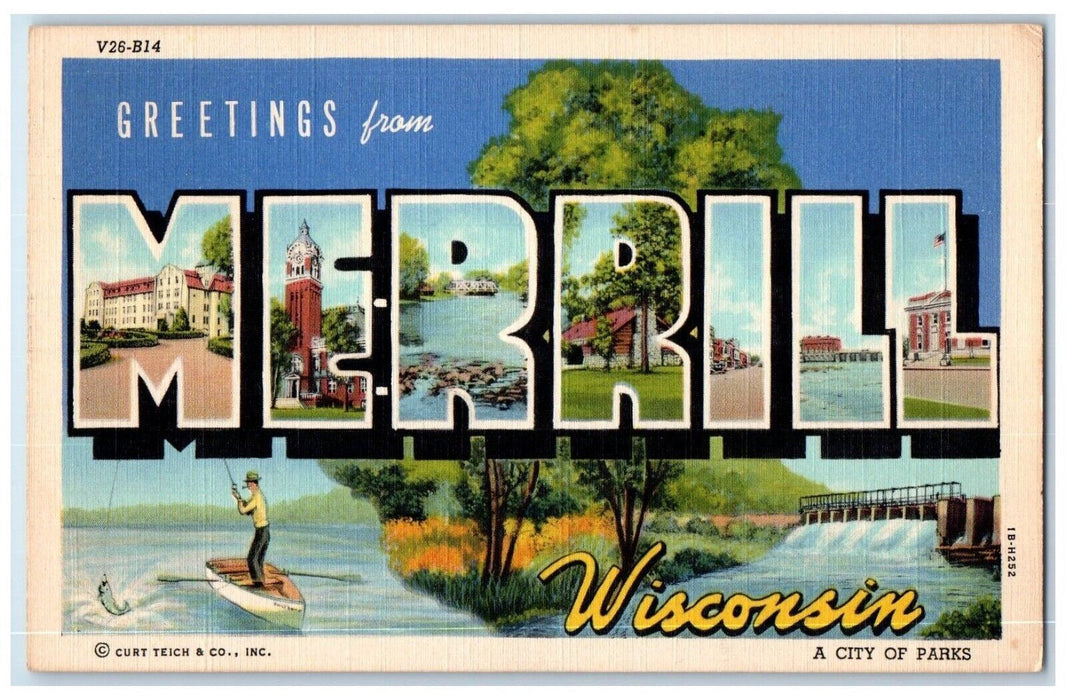 c1940 Greetings From Merrill Wisconsin Large Letters Multiview Vintage Postcard