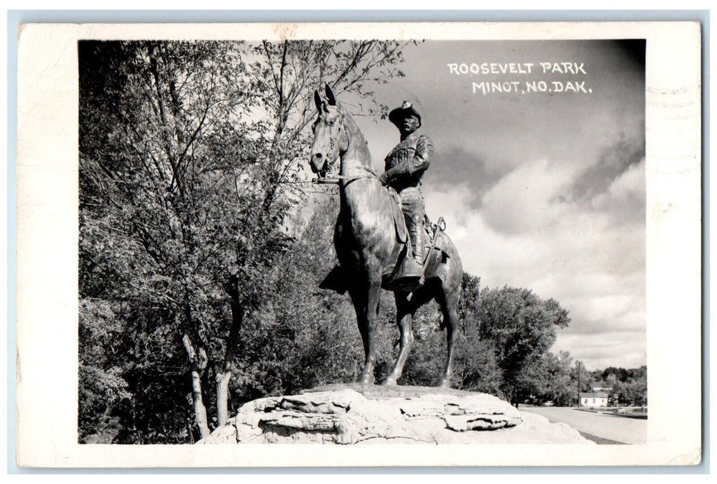 1956 Roosevelt Park Statue Minot North Dakota ND Vintage RPPC Photo Postcard