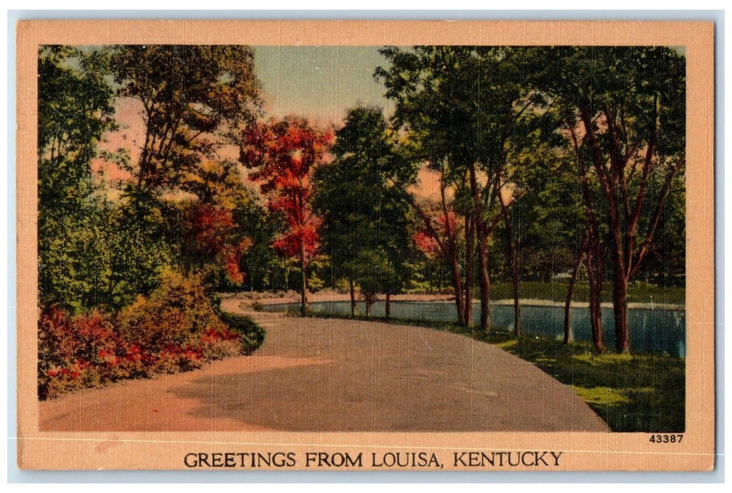 c1940 Greetings From Louisa Road Trees River Kentucky Vintage Antique Postcard