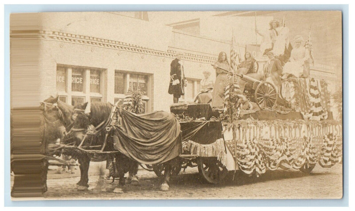 c1910 Miss Liberty Patriotic Parade Float Horse Wagon Cannon RPPC Photo Postcard