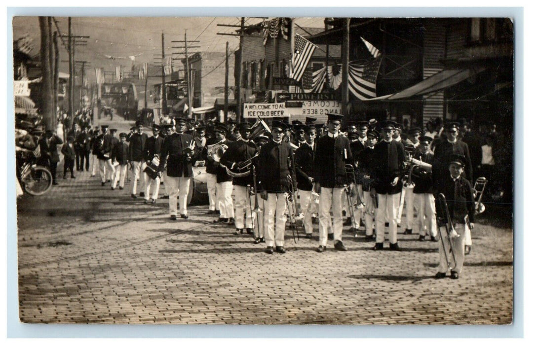 c1910's Patriotic Band Parade Flag Cold Beer RPPC Unposted Photo Postcard