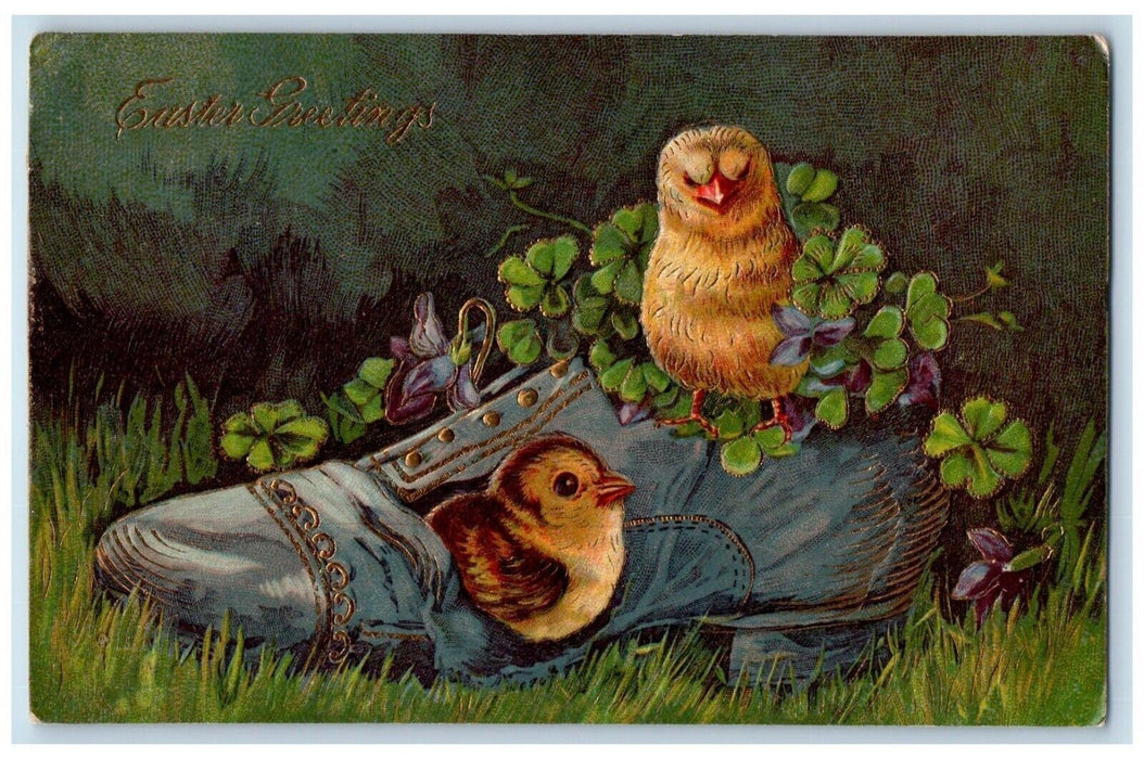 1908 Easter Greetings Chicks Shoes Clover Shamrock Cincinnati Ohio OH Postcard