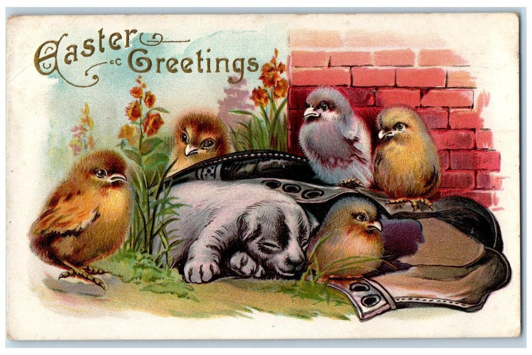 1910 Easter Greetings Cute Puppy Dog And Chicks Flowers Indianapolis IN Postcard