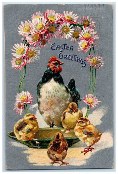 1910 Easter Greetings Chicken Hen Chicks Flowers Wilmette IL Tuck's Postcard