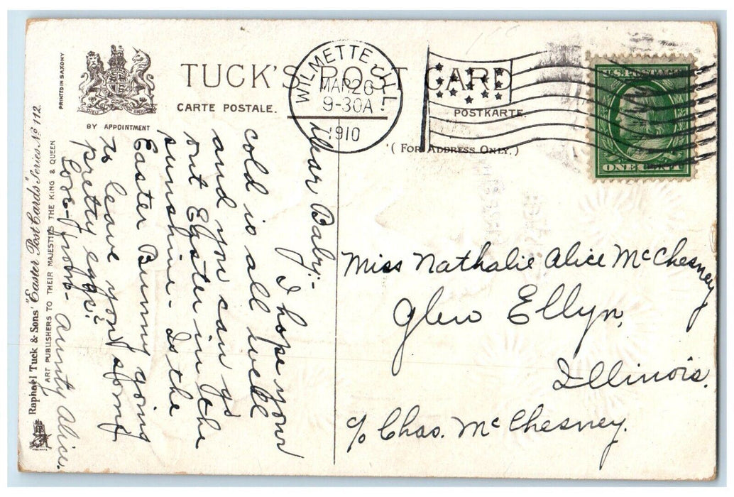 1910 Easter Greetings Chicken Hen Chicks Flowers Wilmette IL Tuck's Postcard