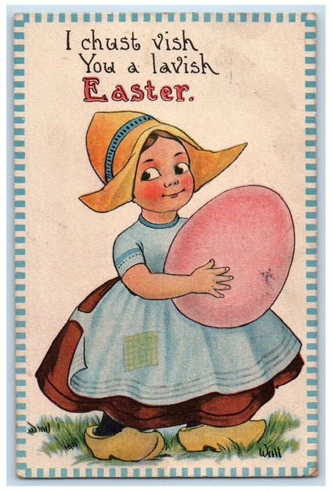 1913 Easter Dutch Girl Dress Holding Giant Egg Hamilton Ohio OH Antique Postcard