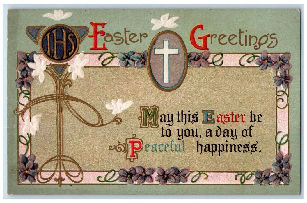 c1910's Easter Greetings Holy Cross Pansied Flowers Embossed Antique Postcard