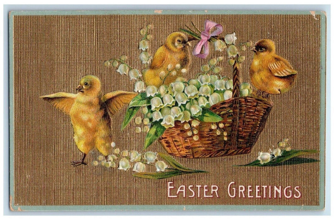 c1910's Easter Greetings Chicks Flowers In Basket Embossed Antique Nash Postcard