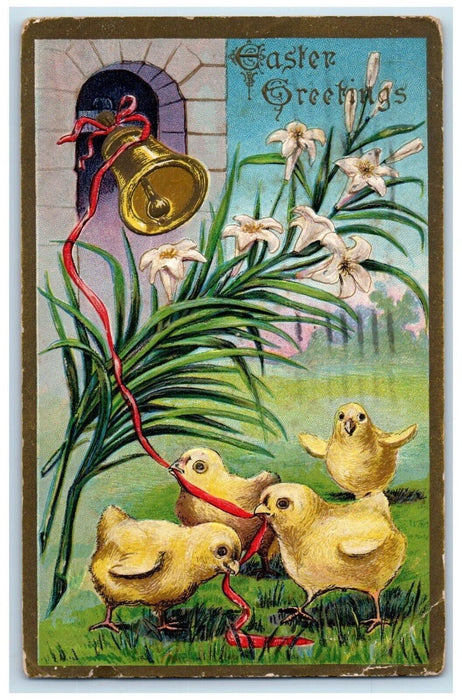1912 Easter Greetings Chicks Ringing Bell White Lily Flowers Embossed Postcard