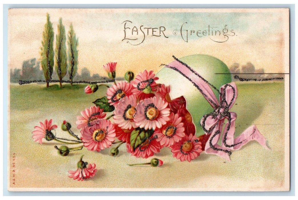 c1905 Easter Greetings Hatched Egg And Flowers Glitter Unposted Antique Postcard