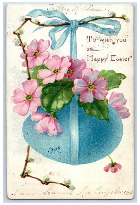 1907 Happy Easter Hanging Giant Egg Flowers Los Angeles CA Tuck's Postcard