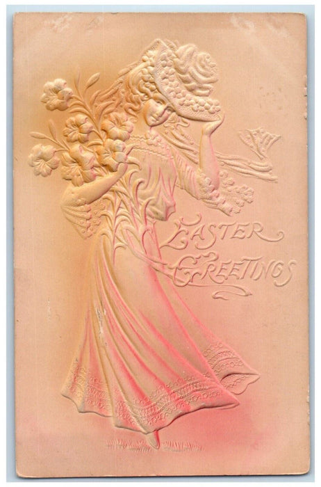 Easter Greetings Pretty Girl Dress Lily Flowers Airbrushed Embossed Postcard