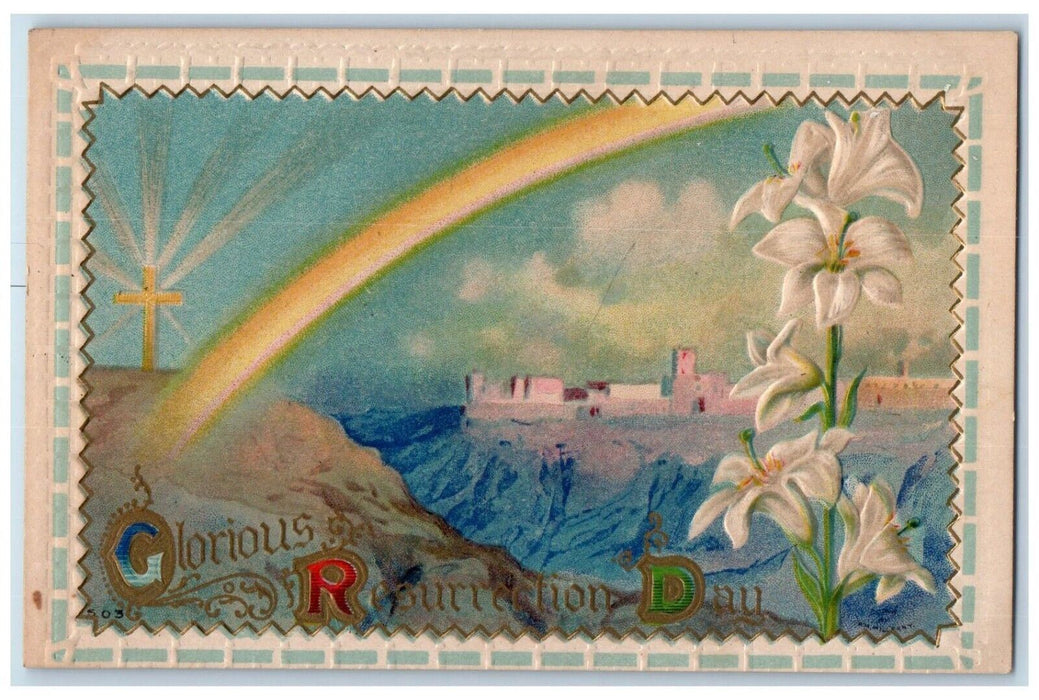 c1910's Easter Resurrection Day Holy Cross Rainbow Lily Flowers Antique Postcard