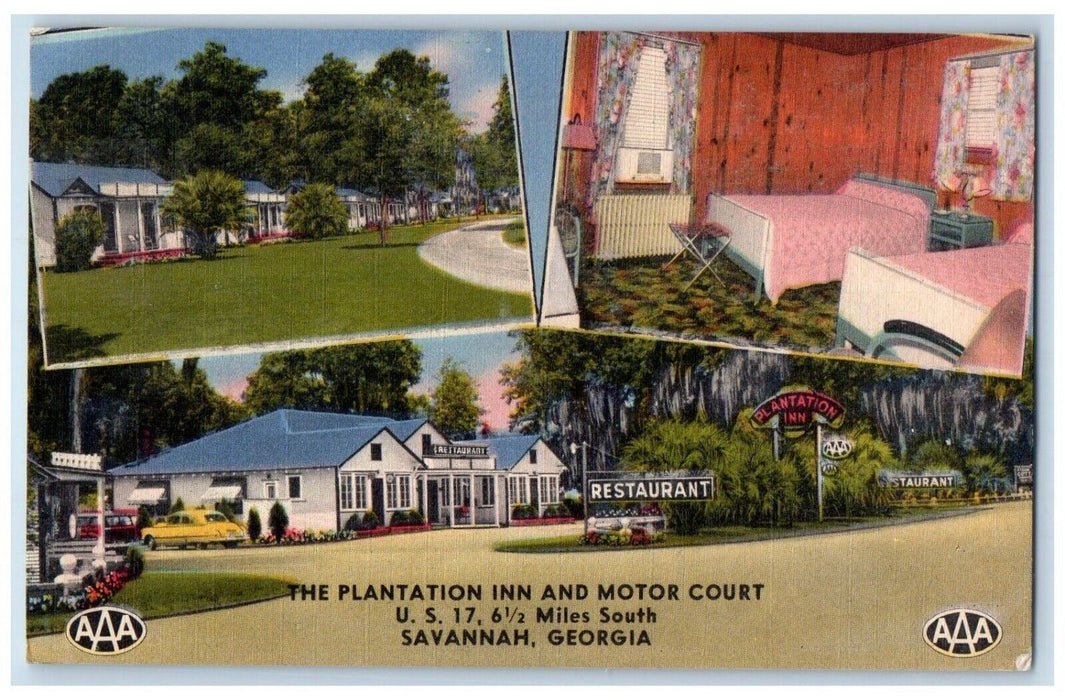 1955 The Plantation Inn Motor Court Restaurant Savannah GA Multiview Postcard
