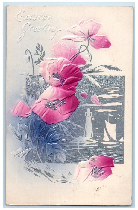 c1910's Easter Greeting Flowers Sailboat Airbrushed Embossed Antique Postcard