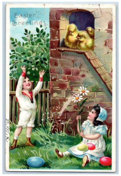 Easter Greetings Boy Catching Chicks Flowers Eggs Tuck's Watertown NY Postcard