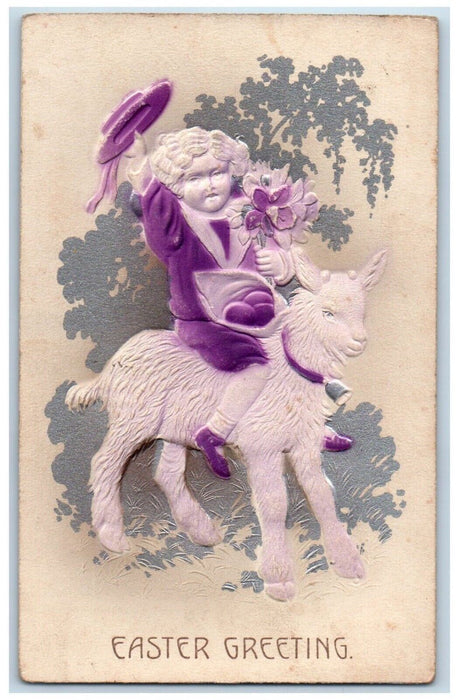 c1910's Easter Greetings Boy Goat Ride Airbrushed Embossed Antique Postcard