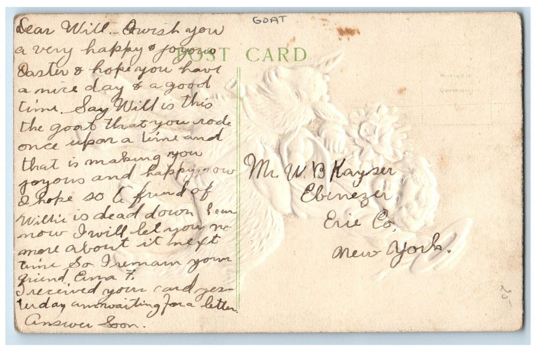 c1910's Easter Greetings Boy Goat Ride Airbrushed Embossed Antique Postcard