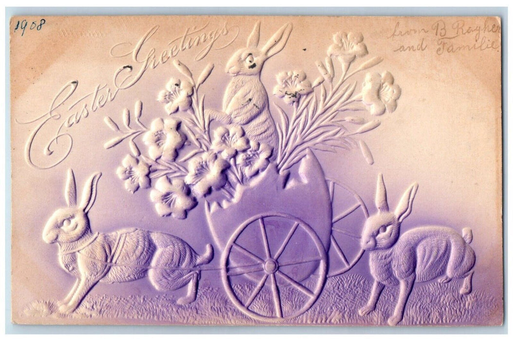 Easter Greetings Rabbit Pulling Cart Hatched Egg Airbrushed Embossed Postcard