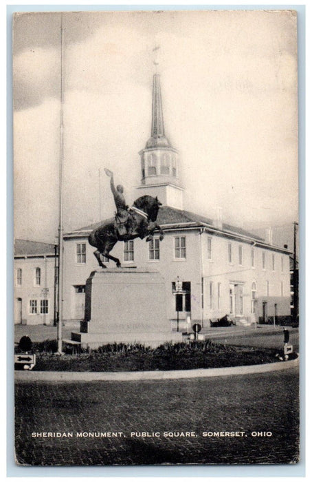 1975 Sheridan Monument Public Square Flag Pole Statue Somerset Ohio OH Postcard