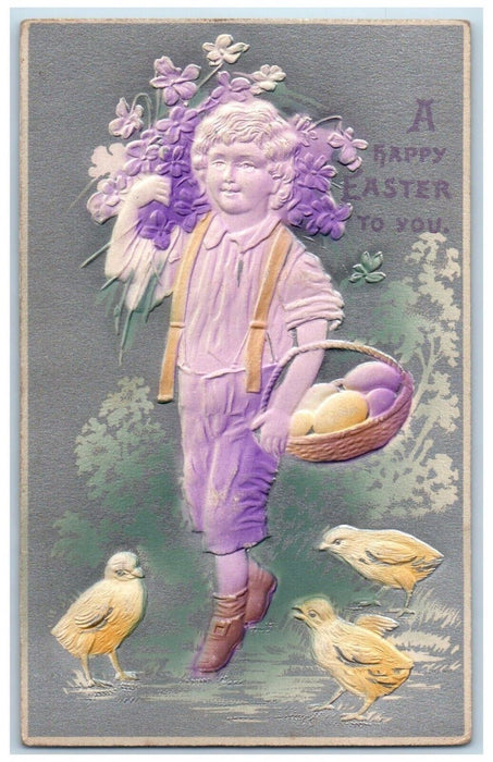 c1910's Happy Easter Boy Flowers Egg Basket Chicks Airbrushed Embossed Postcard