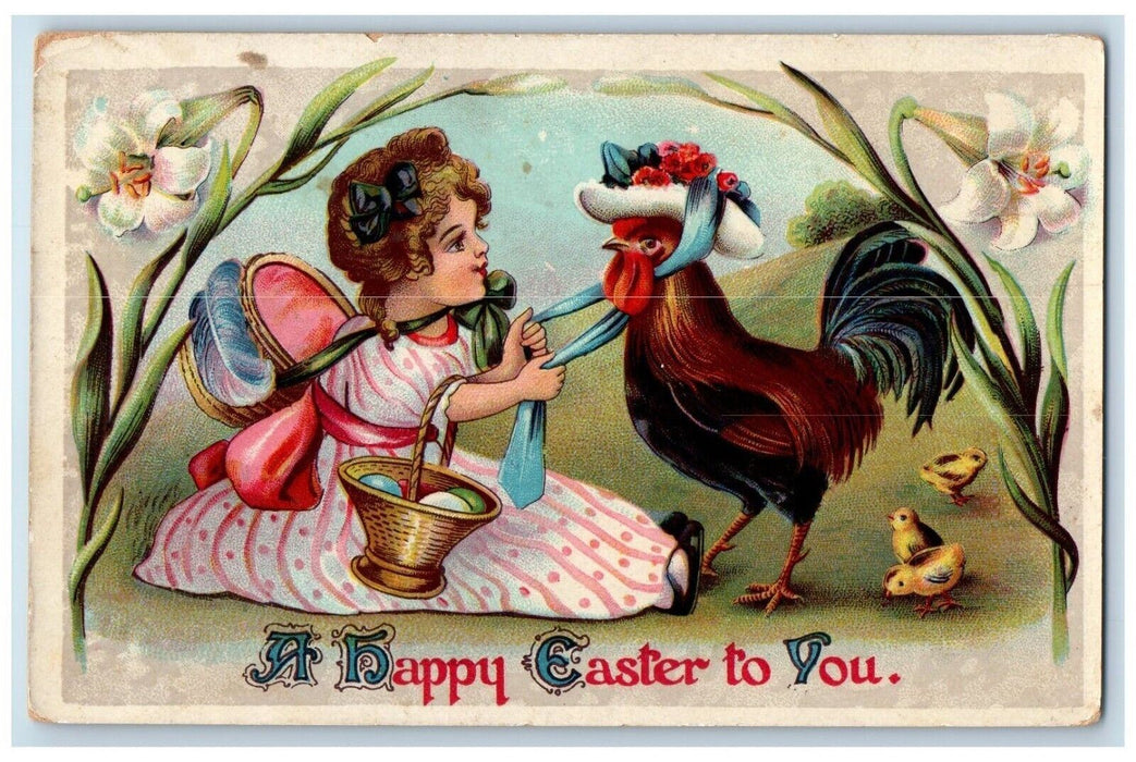 1913 Easter Girl Chicken Rooster Chicks Eggs In Basket Lily Flowers Postcard