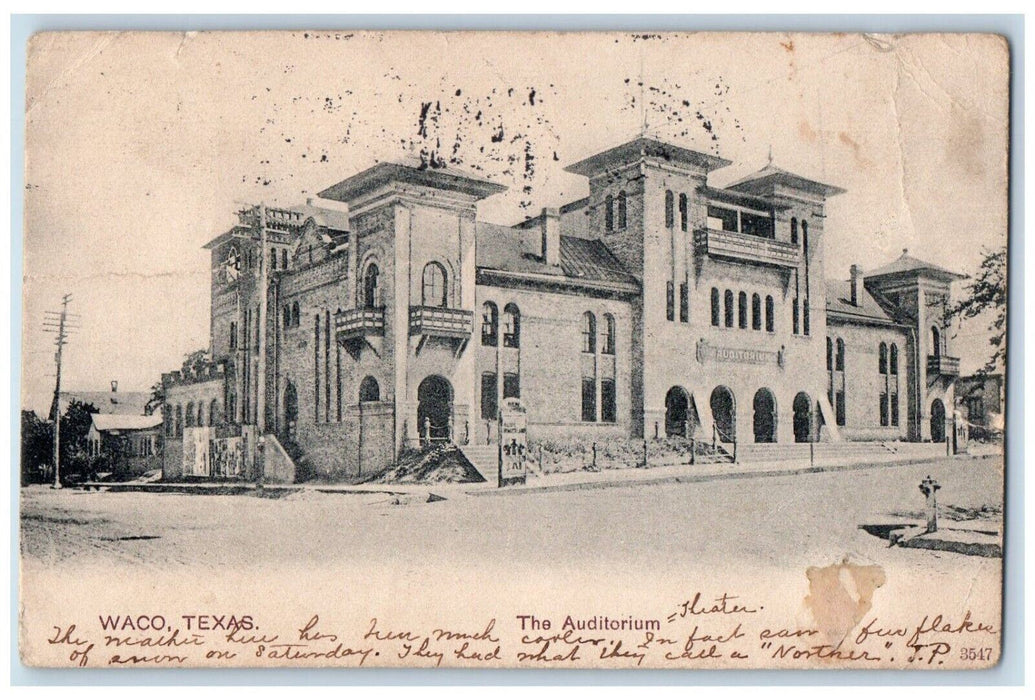 1907 The Auditorium Building Street View Waco Texas TX Posted Antique Postcard