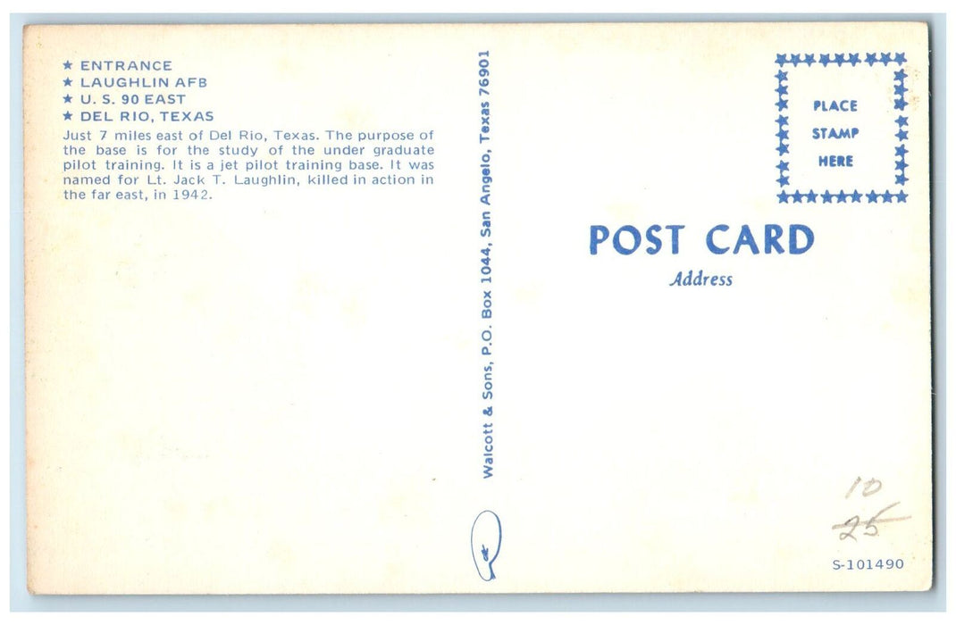 c1950's Entrance Laughlin AFB US 90 East Guard House Del Rio Texas TX Postcard