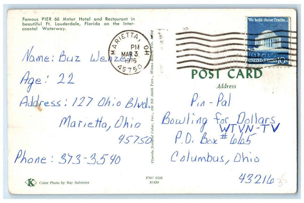1976 Famous Pier 66 Motor Hotel and Restaurant Fort Lauderdale FL Postcard