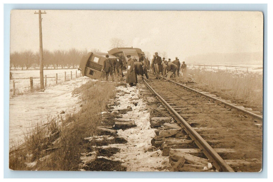 c1910's Railroad Train Derailment Disaster Workers RPPC Unposted Photo Postcard