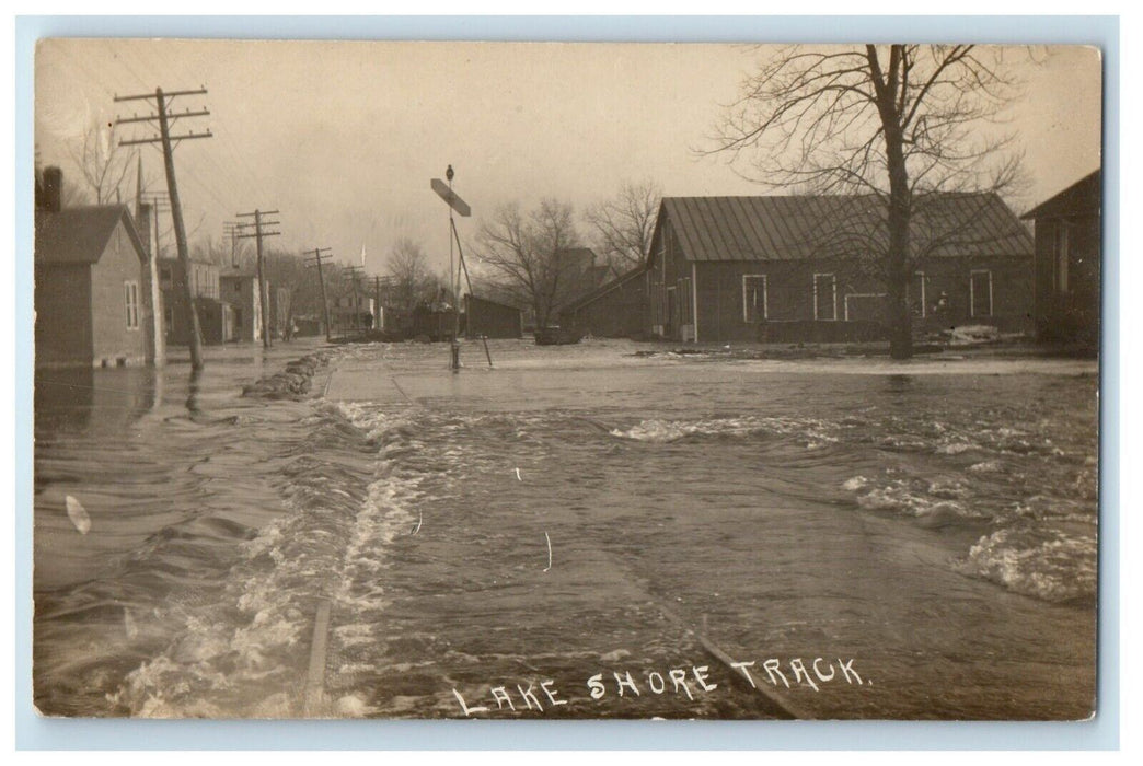 c1910's Lake Shore Railroad Track Flooding Water RPPC MI IN Photo Postcard