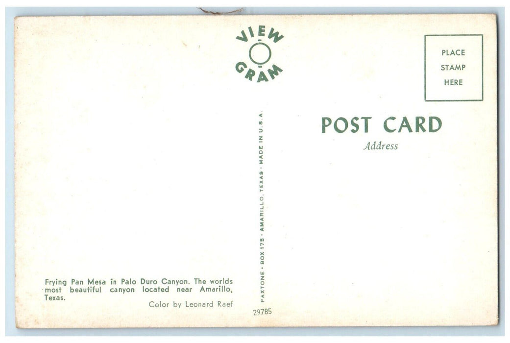 c1960's Frying Pan Mesa In Palo Duro Canyon Amarillo Texas TX Vintage Postcard