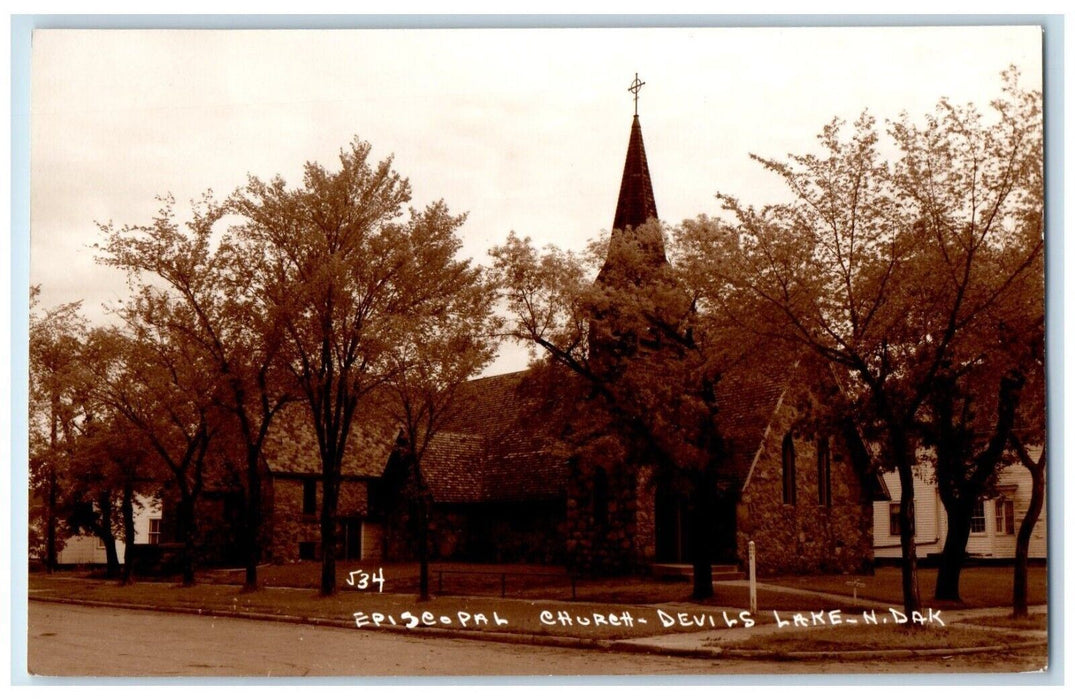 Episcopal Church Scene Street Devils Lake North Dakota ND RPPC Photo Postcard