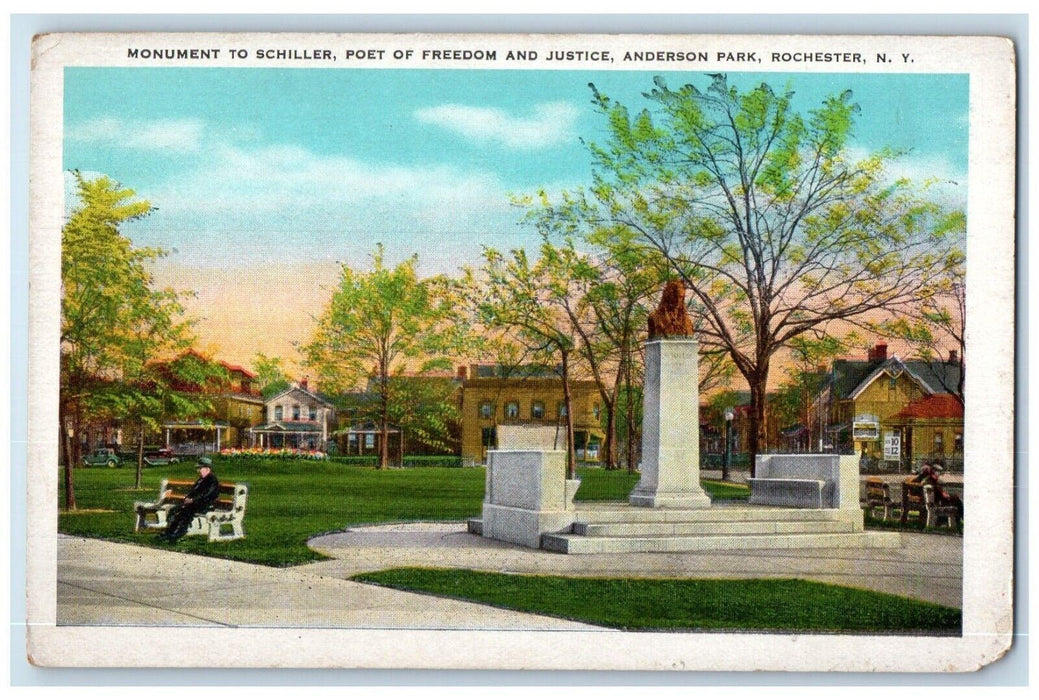 c1940 Monument Schiller Poet Freedom Justice Anderson Park Rochester NY Postcard