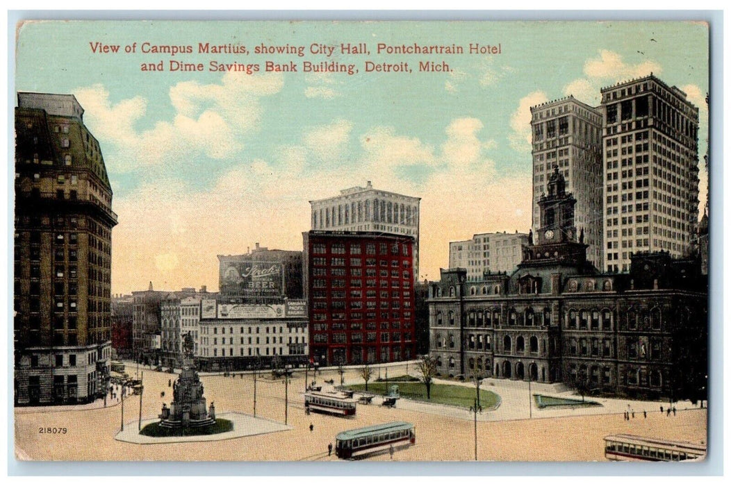 c1910 Campus Martius City Hall Pontchartrain Hotel Detroit Michigan MI Postcard