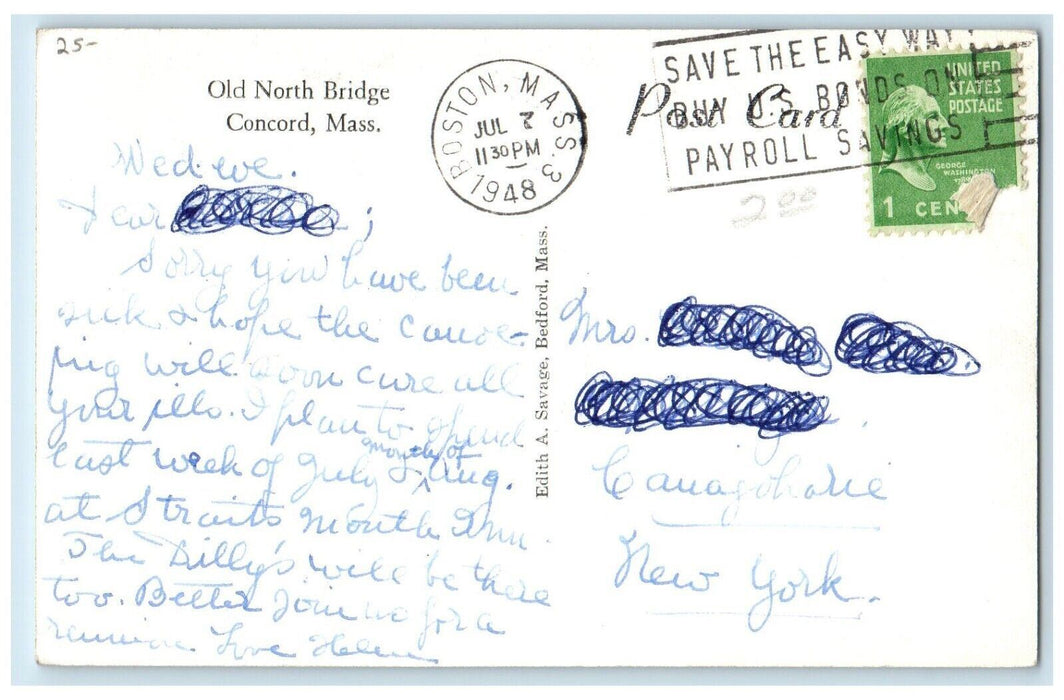 1948 Old North Bridge Concord Boston Massachusetts MA Posted RPPC Photo Postcard