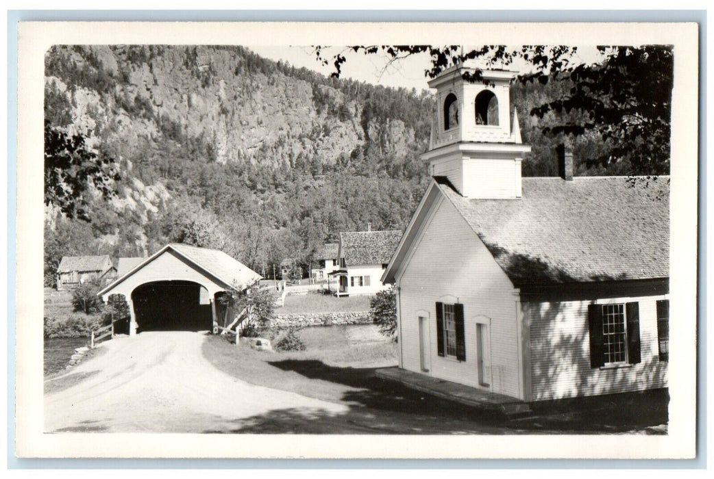 c1940's Covered Bridge Church Stark New Hampshire NH Vintage RPPC Photo Postcard