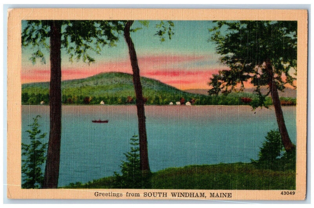 1948 Greetings From Mountain Boat Canoe River Lake South Windham Maine Postcard